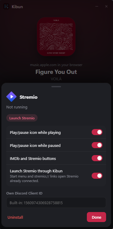 Einstellungen für Stremio: Play/Pause-Symbol, IMDb- und Stremio-Buttons, Start über Kibun und eine eigene Discord Client ID.