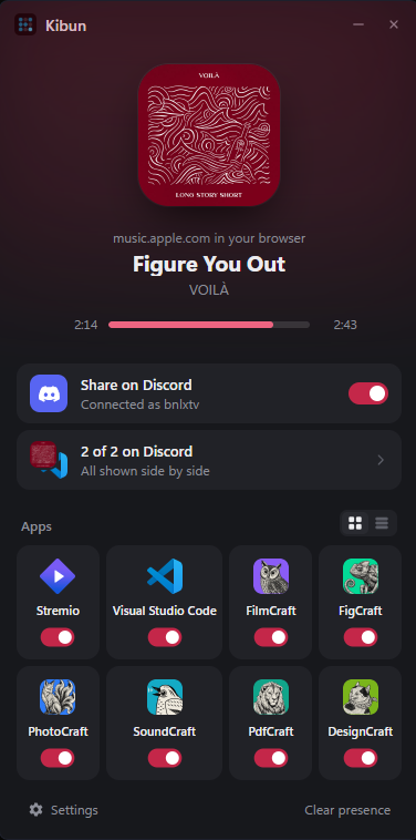 Kibun-Fenster: Apple Music im Browser spielt „Figure You Out“ von VOILÀ, darunter der Discord-Schalter und die Apps als Kacheln mit eigenen Schaltern.