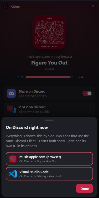Übersicht „On Discord right now“: Apple Music aus dem Browser und Visual Studio Code werden nebeneinander auf Discord gezeigt.